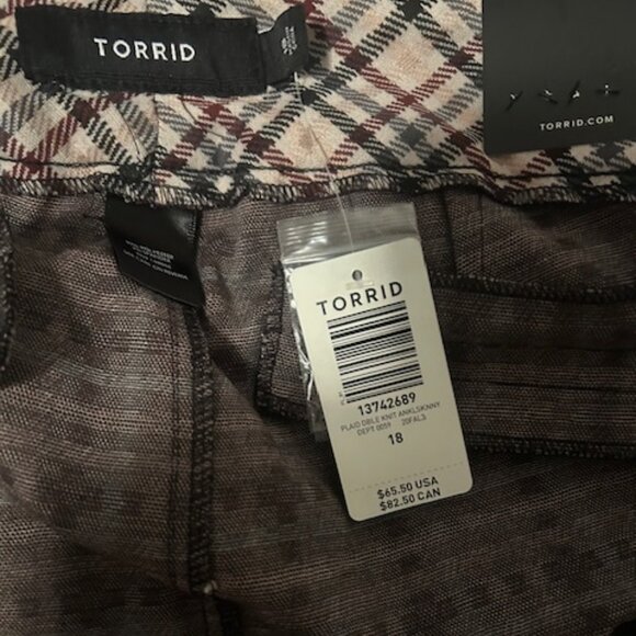 Torrid Plaid Tan/Black/Burgundy Double-Knit ankle skinny pants, size 18 - Picture 4 of 6
